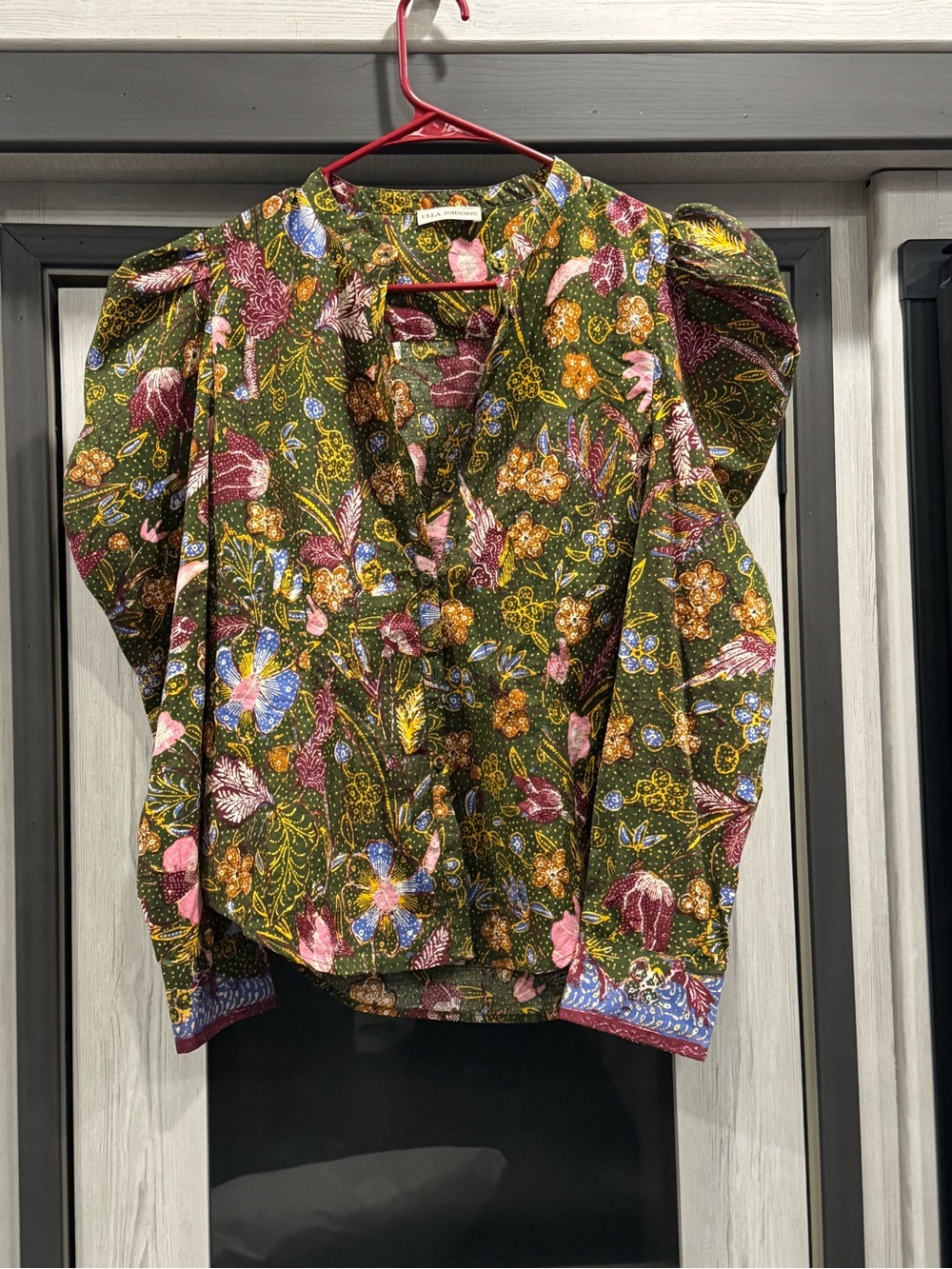 Ulla Johnson Willa Puff Sleeve Cotton Blouse in Pine Floral - Picture 3 of 9